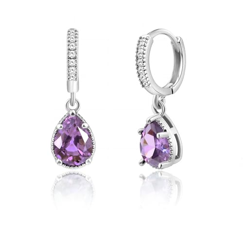 Weviway Silver Amethyst Drop Earrings,Teardrop Crystal Hoop Dangle, February Birthstone, Purple, Jewellery for Gifts