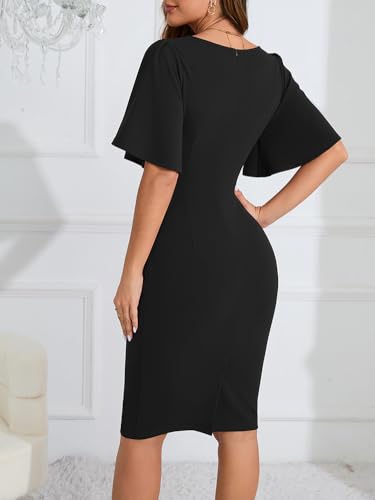 Image of IHOT 2024 Women's Vintage Ruffle Short Sleeve Ruched Bodycon Cocktail Party Work Dress