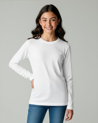 Image of Real Essentials 4 Pack: Girls' Cotton Long Sleeve Crew Neck T-Shirt - Athletic Tee Shirt for Teens Kids Youth (Ages 4-16)