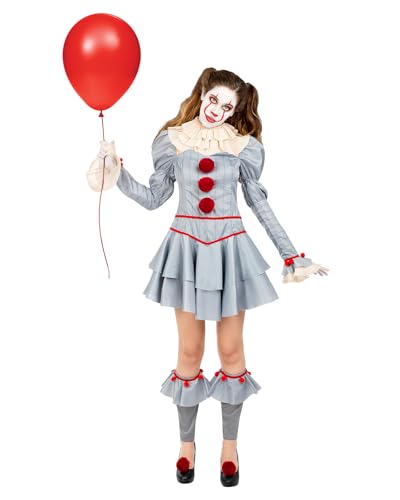 Funidelia Disfraz Oficial de Pennywise - IT Capítulo Dos para mujer, Incluye vestido, cuello, calentadores y dos pompones, Talla M - Traje para adultos para fiestas, Carnaval y Halloween