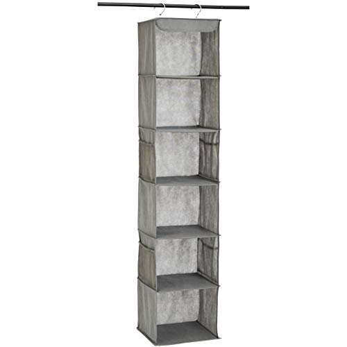 Amazon Basics 6-Tier Hanging Closet Shelf Organizer With Pockets, 8.5″ D x 12″ W x 9″ H, Grey