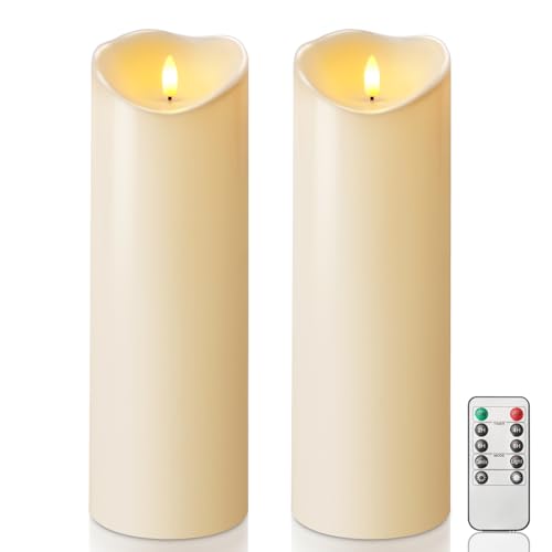 Image of Homemory 4 inchx12 inch Outdoor Waterproof Flameless Candles with Timers and Remote Control, Battery Operated Candles, LED Plastic Candles, Dark Ivory, Set of 2