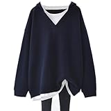 [Lopis] パーカー レディース スウェット 長袖 切り替え 重ね着風 ゆったり シンプル 薄手 大きいサイズ 体型カバー かわいい 着痩せ (JP, アルファベット, L, ネイビー)