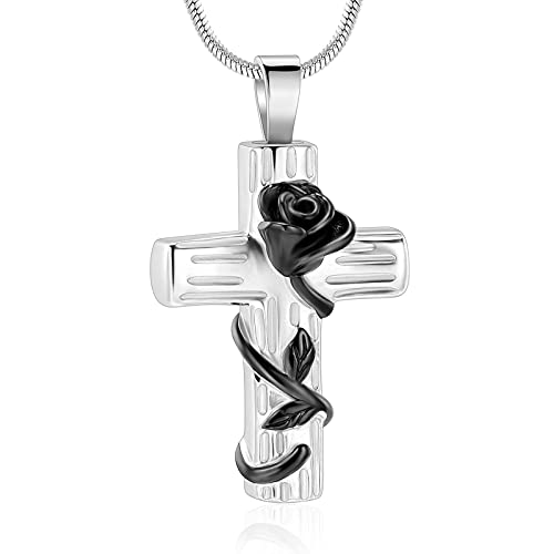 Rose Flower Urn Necklace for Ashes Stainless Steel Rose Flower Corss Memorial Cremation Jewelry Ash Keepsake Pendant Necklace for Women Men