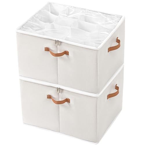 Creahaus 2 Pack Multipurpose Shoe Storage Box with Clear Lid, 32 Cells Shoe Box Organiser Containers with 3 Handles, Foldable Wardrobe Shoe Storage Boxes for Sandals, Kids Shoes (White)