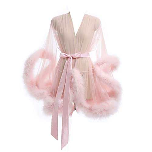 UIHECTA Robe Courte en Plumes Robe De Chambre Boudoir De Mariée Costume d'anniversaire en Tulle Transparent Illusion,Rose,One Size, Taille unique Cover