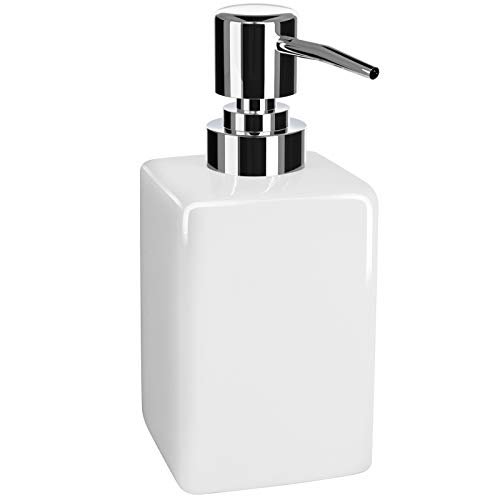 Nuscen White Ceramic Soap Dispenser, 300ml Square Liquid Soap & Lotion Bottle with Pump for Bathroom, Kitchen & Hotel, Elegant Porcelain Design for Modern & Classic Interiors