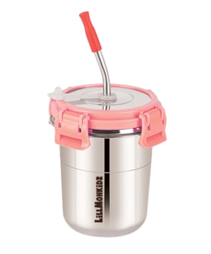 Image of LiLLMONKiDZ Stainless Steel Tumbler for Kids 300ml | Tumbler Glass with Straw for Kids | Steel Tumbler with Lid, Straw, Cleaning Brush and Silicon | (Ice Pink 1pc)