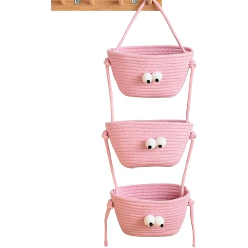 Cesta sobre la puerta, cesta colgante tejida con cuerda de algodón de 3 niveles, organizador de almacenamiento montado en la pared para cocina, dormitorio, sala de estar (rosa)