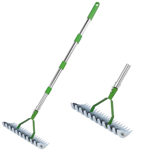MEKOTRIN Garden Rake Heavy Duty, Thatch Rake for Gardening, Lawn Levelling Raker Leaf Grabbers with Steel Teeth Detachable Handle for Removing Dead Grass Debris Yard Garden