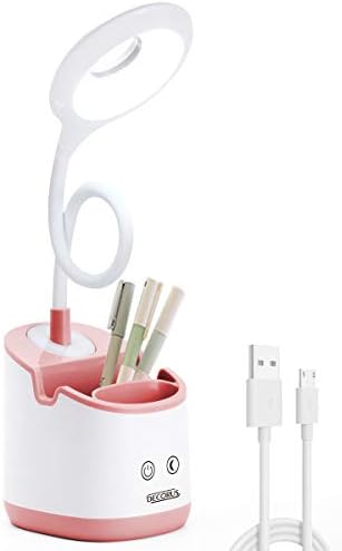 Desk Lamp Kids with Small Night Light LED USB Rechargeable Student Table Lamp Dimmable Eye-Caring Cute Study Computer Lamp for Office Dorm, Touch Control, Flexible Gooseneck, Phone & Pen Holder (Pink)