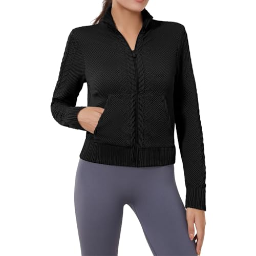 Image of Women's Cardigan Jackets Cropped Lightweight Fall Open Front, Long Sleeve Knit Zip Up Sportswear Slim Fit Workout Tops