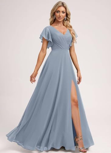IKMNN Short Sleeve A Line Bridesmaid Dresses for Women Side Slit Pleated Formal Dress IK0262