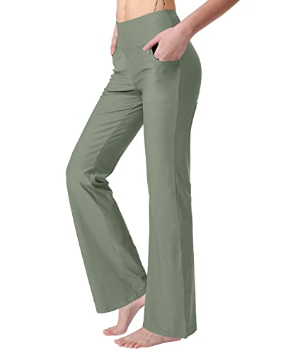 Zeronic Bootcut Yoga Pants for Women with Pockets High Waisted Workout Running Pants Tummy Control Long Bootleg Work Pants (Olive-Green, 3X-Large)