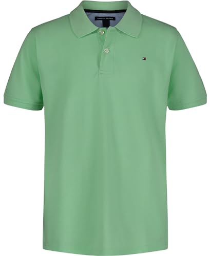 Image of Tommy Hilfiger Boys Short Sleeve Pique Ivy Polo Shirt with Button Closure, Soft and Comfortable, Green Ash, 10-12