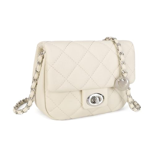 LAVTUG Quilted Leather Crossbody Bags for Women, Trendy Shoulder Purses for Teens Girls, Mini Small Satchel Handbag with Chain Strap (Beige)