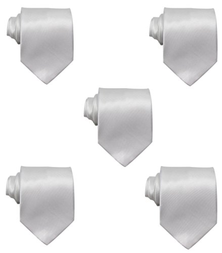 Mens Solid Satin 3.9 Inch Wide Formal Necktie Pack 5 For Wedding By JAIFEI, White, One size
