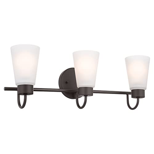 Image of Kichler Erma 3-Light Bathroom Vanity Light Fixture with Satin Etched Glass Shades, Traditional Wall Mount Lighting over Mirror in Olde Bronze, 23 x 8.5 in, 45887NI