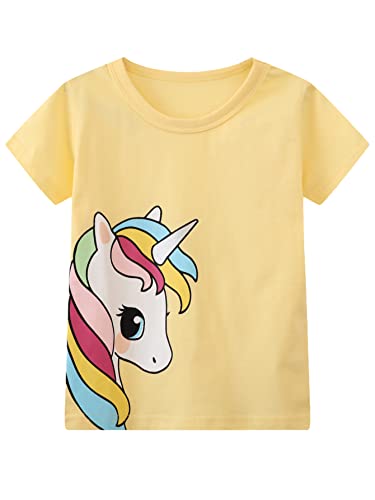 Girl Short Sleeve Tee Shirt Unicorn Cotton Casual Crewneck Graphic Tops T-Shirts Pink Yellow 3 Packs Sets Size 6 #TOP4