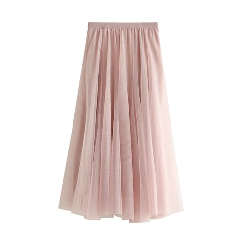 FM2018XSL Elegante Geplooide Rok Met Elastische Hoge Taille, Slanke Midi-Rok Voor Dames, Lange Rok Met Twee Lagen Mesh(Roze)
