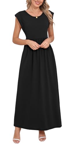 Image of DB MOON Womens 2026 Maxi Dresses Empire Waist Long Summer Dress Casual Cap Short Sleeve Sundress with Pockets