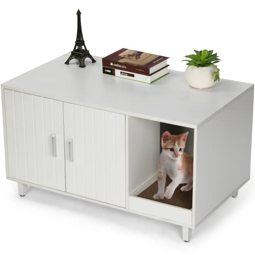 RichYa Katzenklo Gehäuse, moderne Holzkiste Katzentoilette Möbel versteckte Katze Waschraum Möbel Haus Tisch Nachttisch mit Kratzpad (weiß) Cover