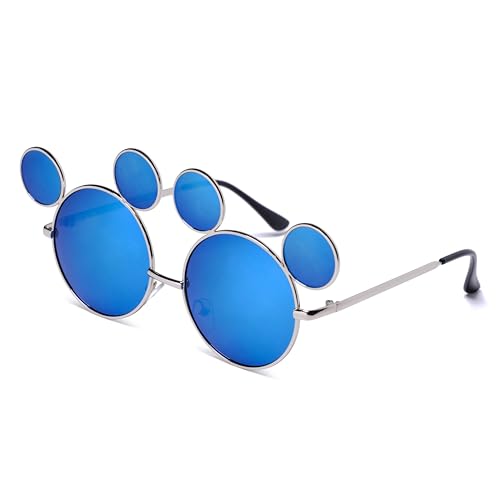 Mouse Ear Sunglasses Blue Lenses Silver Frames, Polarized UV 400 Protection, Teen and Adult