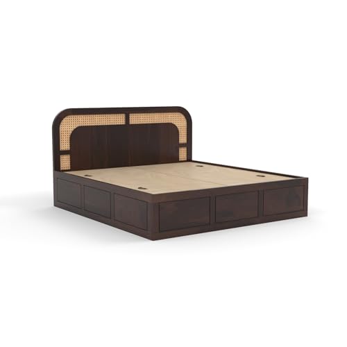 Image of Sheesham Wood Cane Bed with Box Storage for Bedroom | King Size Wooden Double Bed Palang with Curved Rattan Headboard (Walnut Finish)