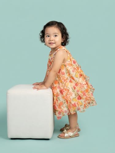 Image of Nautinati Baby Girls All-Over Printed Dress with Halter Neck and Ruffle Details | Age 0-2 Years