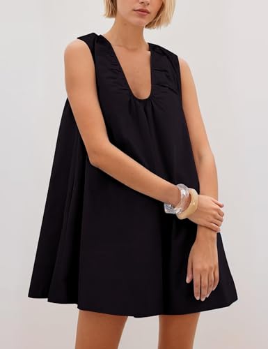 Image of Women Summer Sleeveless Babydoll Mini Dress Scoop Neck Loose Fit Tank Dresses Party Ruched Short Dress with Pockets