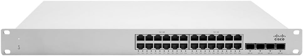 CISCO DESIGNED Meraki Cloud Managed MS225-24P Series 24 Port Gigabit Switch - 24x 1GbE Ports, 4 x SFP 10GbE Uplink Interfaces, 370W PoE