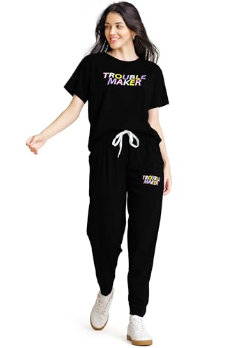 Image of ZEYO Night Suit for Women's Typography Printed Cotton Night Dress of Top and Joggers