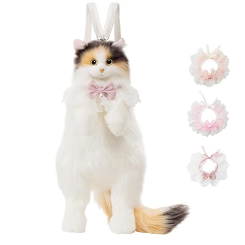 CHOBYNER Stuffed Realistic Cat Plush Backpack - Carry Over Shoulder on One Shoulder or Crossbody with Adjustable Straps Cute and Soft Stuffed Dark Calico Backpack with 3 Scarves