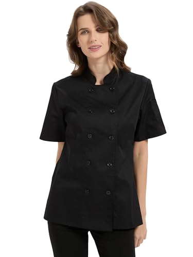 KITCHIEF Chef Coat Women Short Sleeve Lightweight Black Chef Jacket Uniform for Women Kitchen Restaurant Bakeryy (Black L)