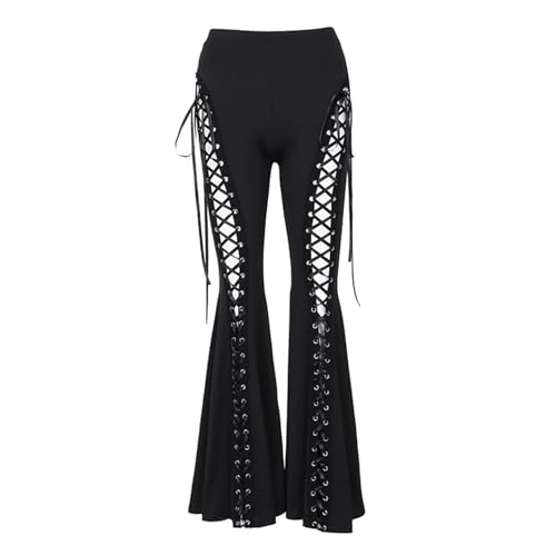 XCJIKUKE Women Gothic Lace Up Pants Y2k Flared Bell Bottom Leggings Rave Outfit