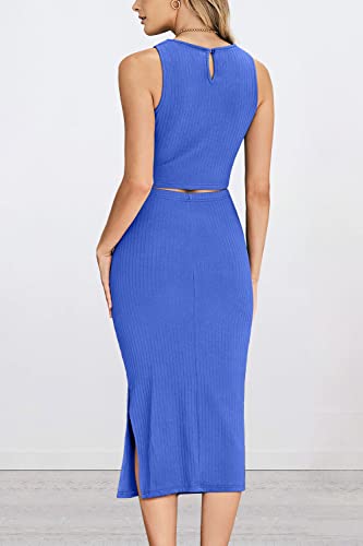 Prettygarden Women's 2 Piece Summer Outfits Crewneck Tank Tops Split Bodycon Midi Skirt Dress Set (Blue,Small) #TOP2