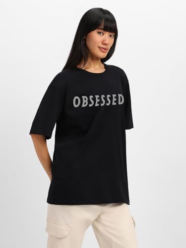 Image of JUNEBERRY Women's Casual Pure Cotton Black Printed Round Neck, Longline Drop Shoulder Loose Oversized T-Shirt |Oversized Tshirt for Women /Girl (Color: Black Available in Various Designs)