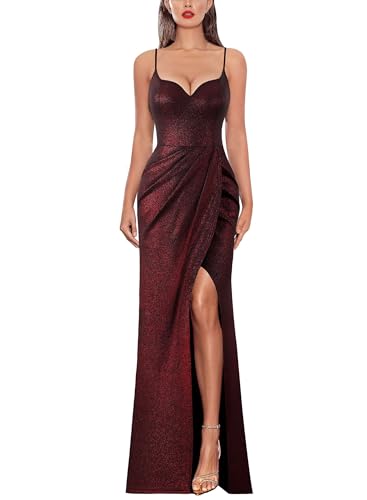 Image of VFSHOW Womens Sexy Formal Ruched Fitted High Slit Bodycon Maxi Dress Spaghetti Strap Sweetheart Cocktail Prom Evening Gown