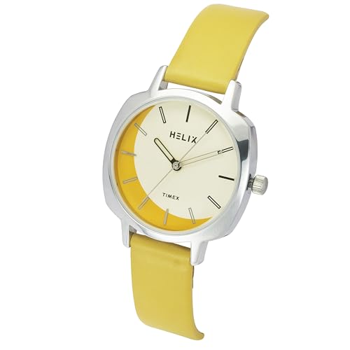 Image of Helix By Timex Beige /Yellow Square Analog Watches for Women | Quartz Movement Leather Strap Ladies Watches | Upto 30 m Water Resistance with Buckle Closure | Gift for Women TW057HL00