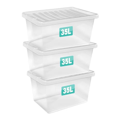 3 x 35 Litre Clear Plastic Storage Boxes With Lids Set of 3 Transparent Multipurpose Nestable Stackable Plastic Box With Lid Containers For Home Kitchen Garage Office Accessories