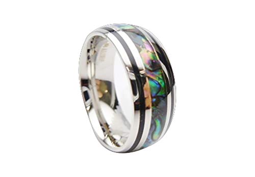 Natural Abalone Paua Shell Stainless Steel with Black Stripe Curved Top 8mm Wide Comfort Fit Wedding Band, Engagement, or Promise Aloha Ring