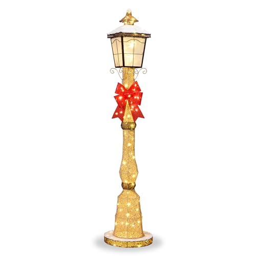 Best Choice Products Large Outdoor Christmas Lamppost Decoration 6ft Tall with Lighted Bow 100 LED Lights Holiday Porch Lamp Post Decor- Gold