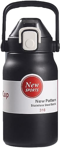 Image of Being One Insulated Water Bottle with Straw, Water Bottle with Handle Double Wall Vacuum Insulated Stainless Steel Water Bottle for Hot Cold Drinks (1000 ML, Black)