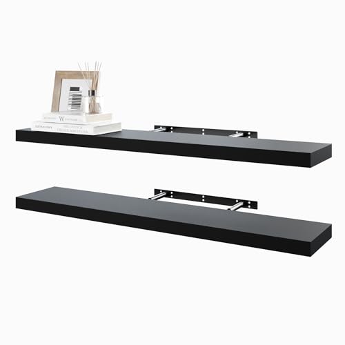 Image of BAMEOS Black Floating Shelves - 100cm - Wall Mounted Wooden Shelves with Invisible Brackets, Set of 2, Decorative Hanging Shelves for Bedroom, Bathroom, Living Room, Kitchen