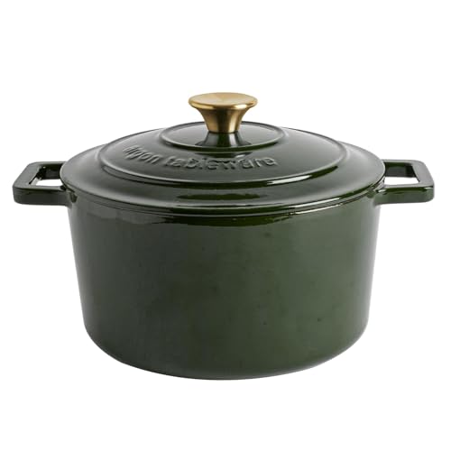 Argon Tableware 4.5L Round Cast Iron Casserole Dish with Self-Basting Lid - Green - 2.3L & 4.68L Induction Hob Cooking 4.75QT Dutch Oven Bread Baking Serving Roasting Stew Stock Pot Cookware Pan