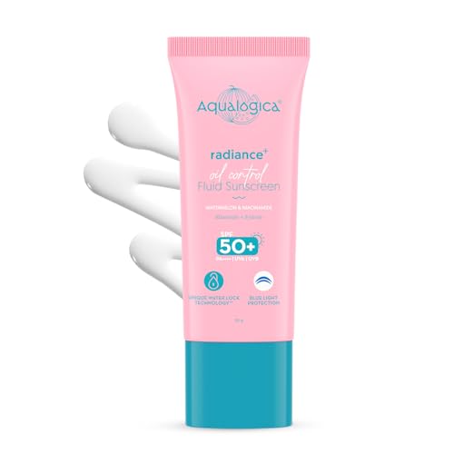 Aqualogica Radiance+ Oil Control Fluid Sunscreen for Oily Skin - 50g | Ultra-Light Fluid Texture | SPF 50+ PA++++ UVA, B & Blue Light Protection | Invivo tested | Oil Free | Controls Excess Oil | Non greasy | No White Cast | For Men & Women