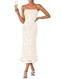 ZESICA Women's Summer Strapless Floral Midi Dress 2026 Bodycon Mesh Tube Wedding Guest Cocktail Party Formal Dresses Apricot Large