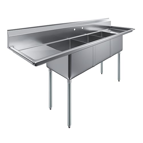 Three Compartment Stainless Steel Commercial Kitchen Prep & Utility Sink with Left and Right Drainboards | NSF | Bowl Size 18