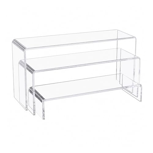 Image of SMILEDRIVE Acrylic Stand for Display, 5mm Thick Acrylic Risers, Set of 3 | Clear, Stackable Display Shelves, For Jewellery, Bakery, Cosmetics, Perfumes, Collectibles