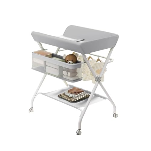 Table à Langer Bébé Pliable Avec Poches Latérales Et Roulettes, 60x80x103 Cm - Plan à Langer Bébé Portable Avec Panier Et Sécurité - Support Jusqu'à 25 Kg Pour Nouveau-Nés, Ergonomique Et Pliable,Gris